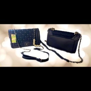 Navy Jean Denim Diamond Quilted Crossbody w/Pearls